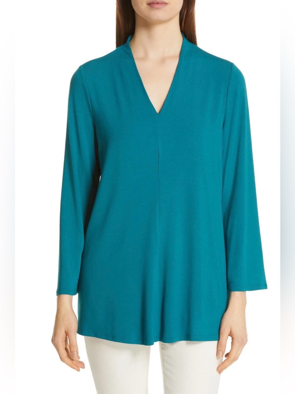 Eileen Fisher Teal Jersey V-Neck Long Sleeve Tunic Top